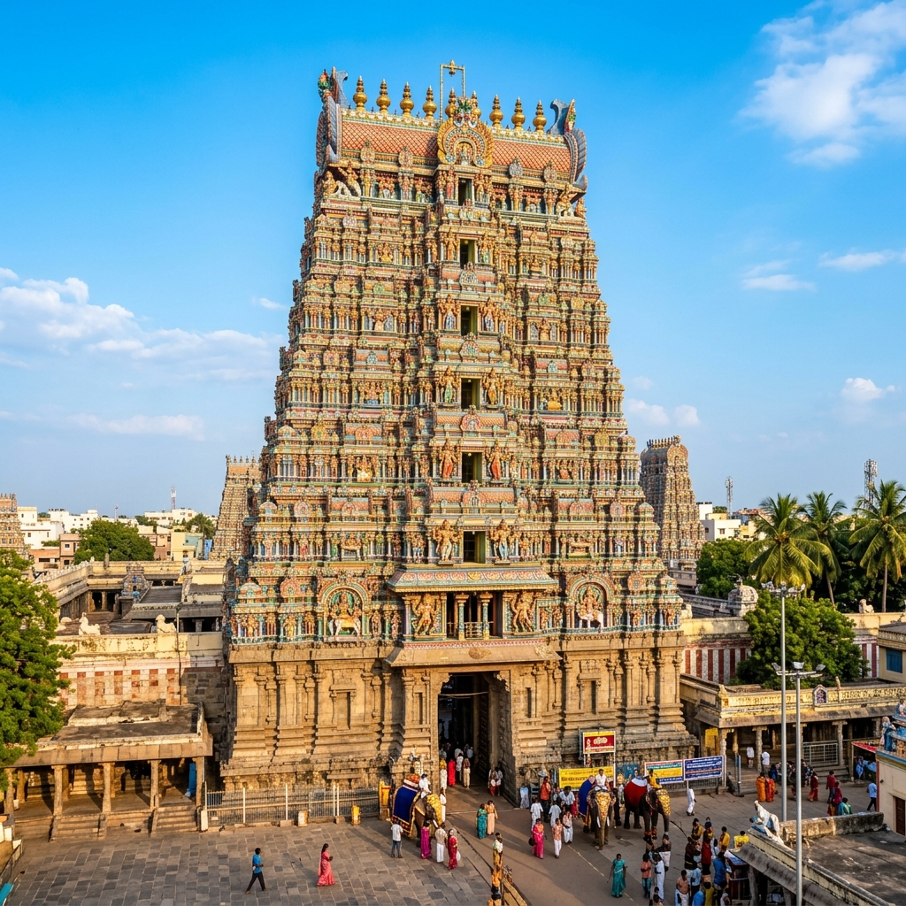Colourful gopuram towers of the Meenakshi Amman temple in Madurai