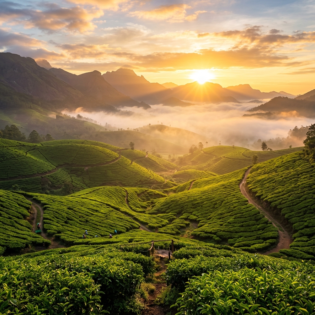 Tea plantations in Munnar with misty hills