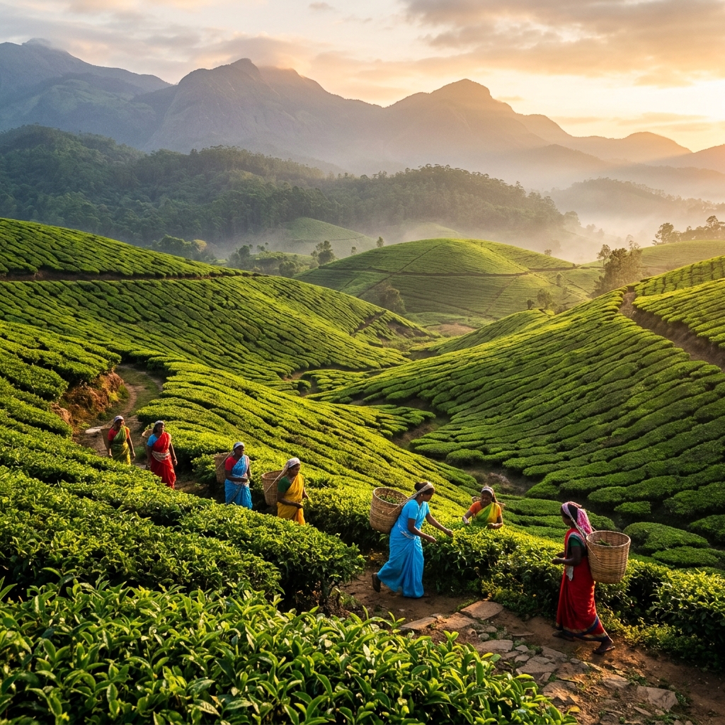 Munnar, Kerala — Tea plantations stretching across misty hills of Munnar Kerala