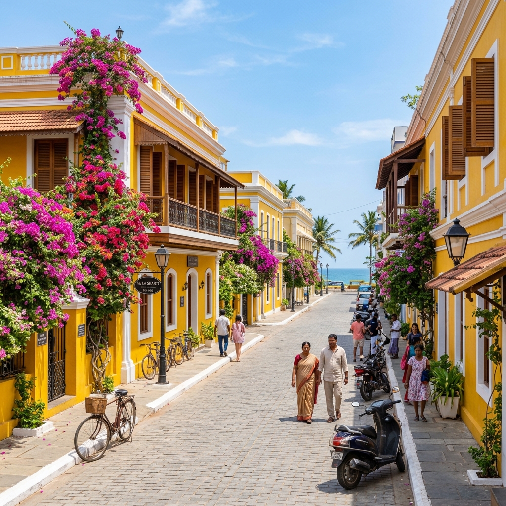 Evening on the French colonial seafront promenade in Pondicherry