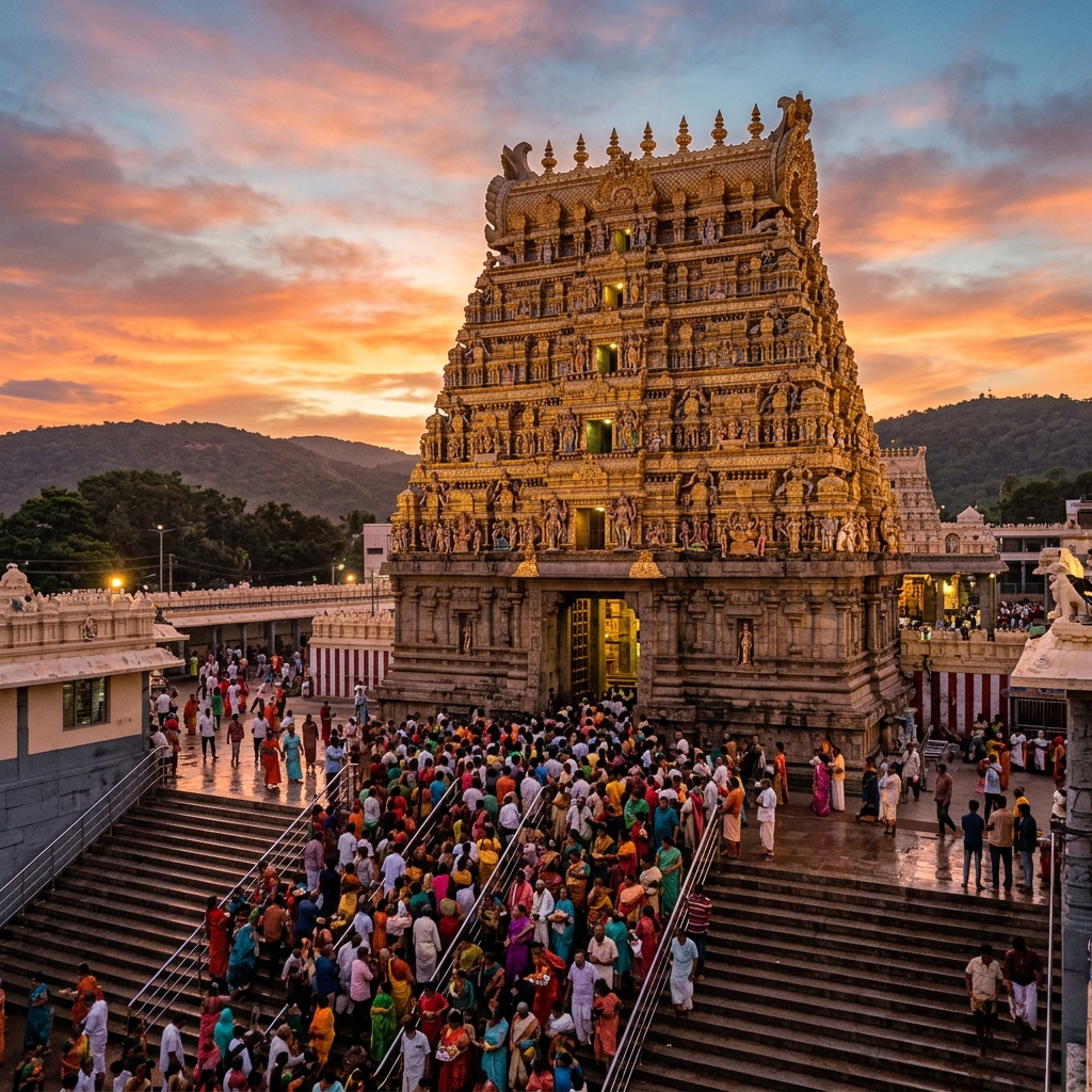 Tirupati, Andhra Pradesh — Tirumala Venkateswara Temple gopuram with pilgrims at Tirupati