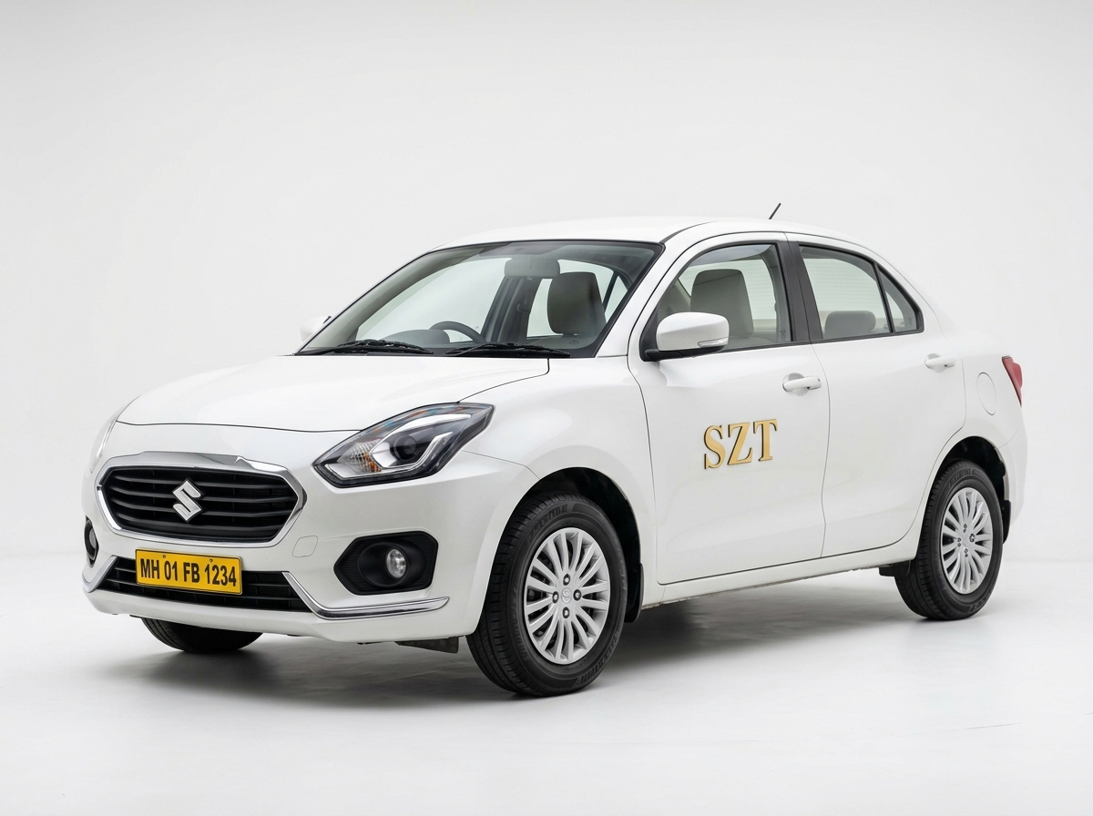 White Swift Dzire sedan taxi with KA registered yellow board and SZT sticker