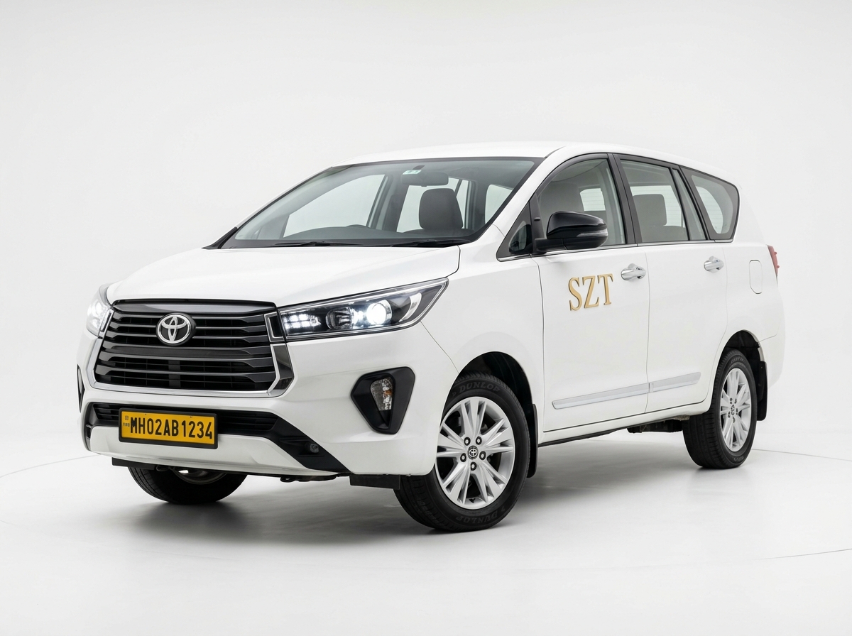 White Toyota Innova Crysta big SUV taxi with KA registered yellow board and SZT sticker
