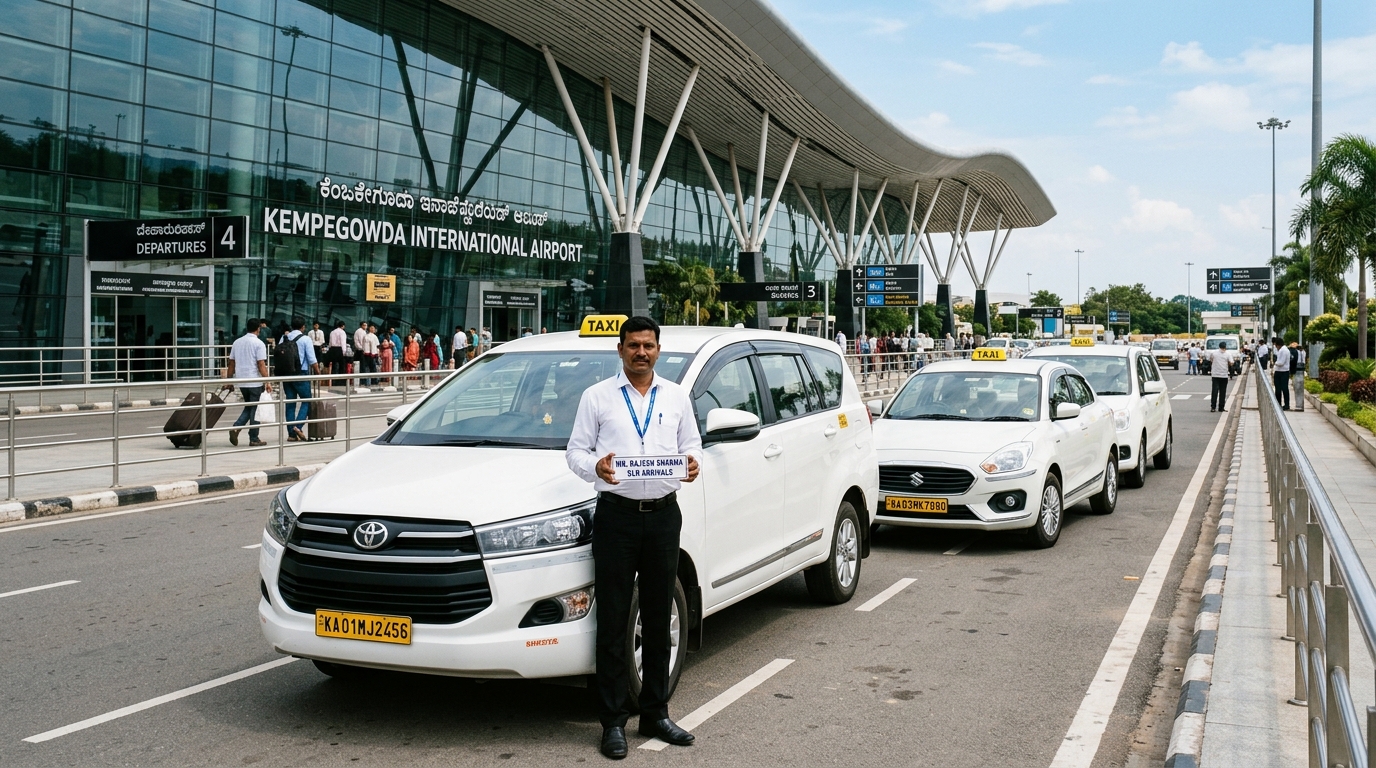 White Toyota Innova and Maruti Dzire cabs lined up at Kempegowda International Airport Bengaluru with a professional chauffeur holding nameplate