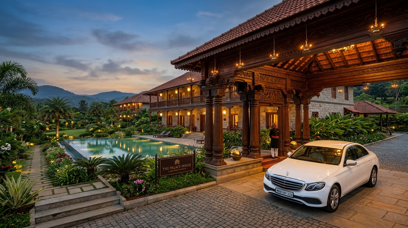 Luxury hotel room with a balcony overlooking green hills