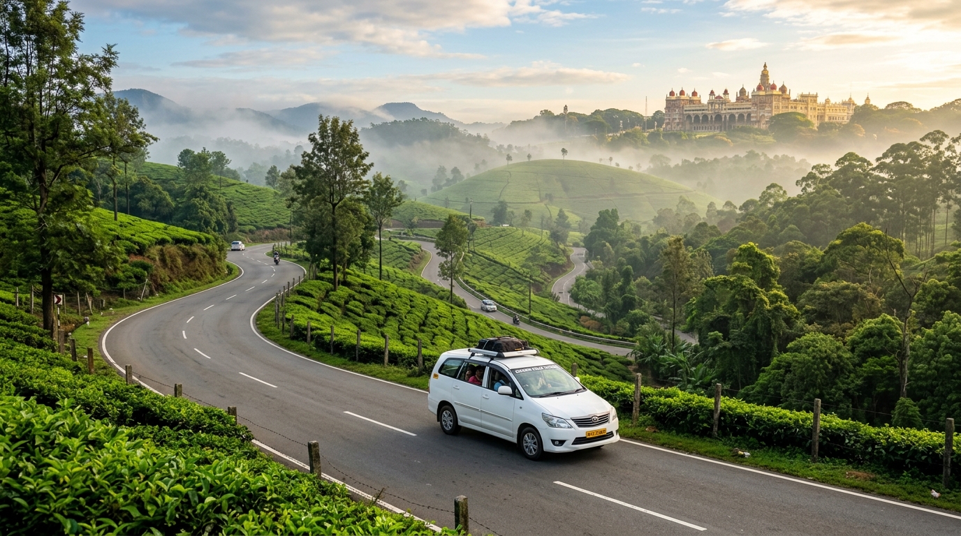 Hill temple beside a winding road surrounded by misty tea plantations