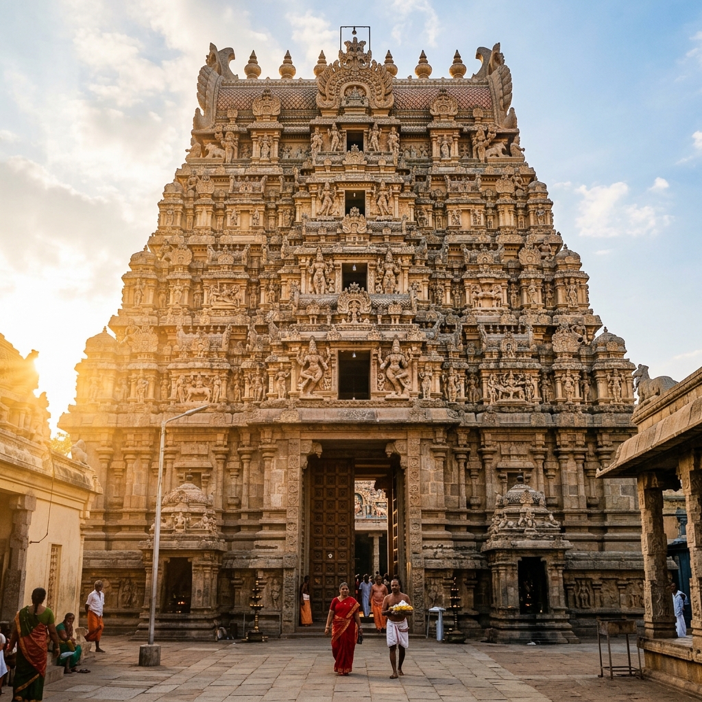 South Indian temple gopuram with golden light