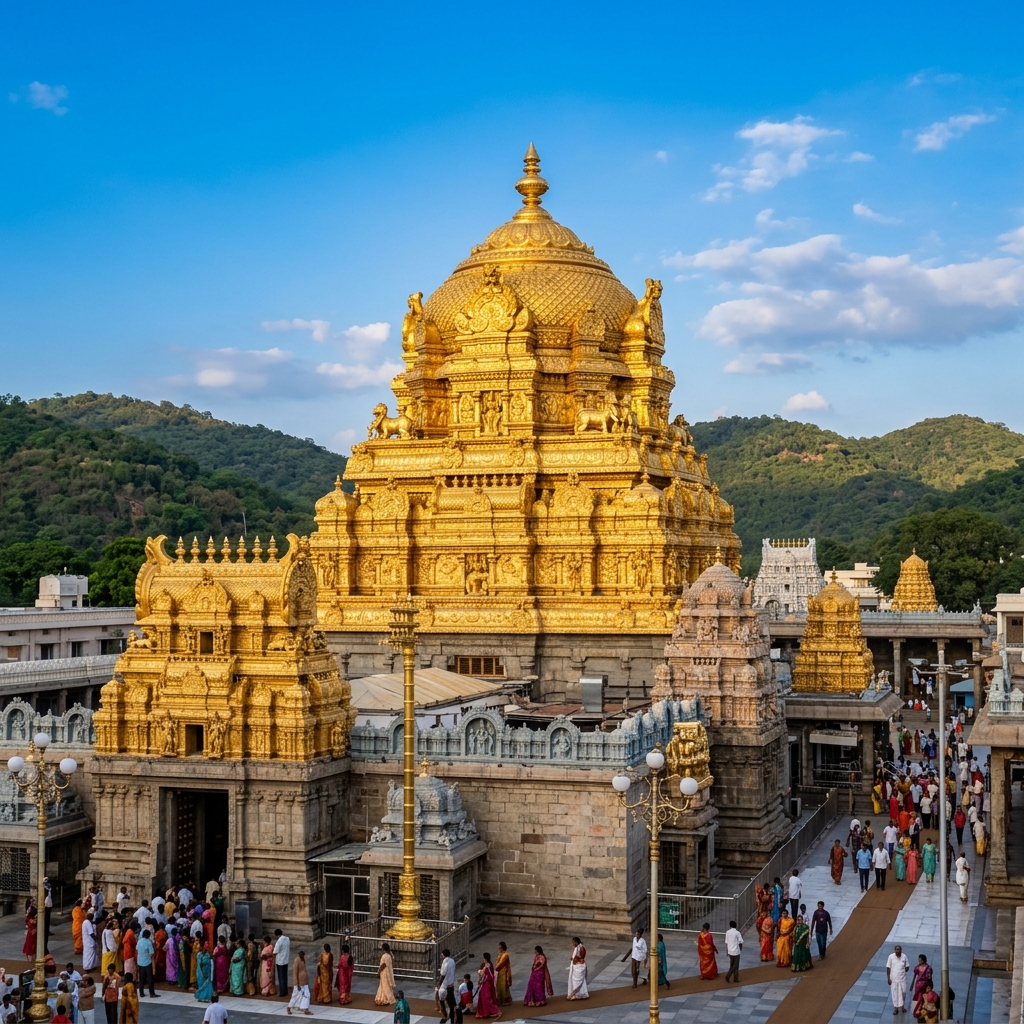 Tirumala Venkateswara temple gopuram at sunrise with pilgrims